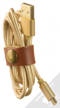 1Mcz Floveme Strap opletený USB kabel s microUSB konektorem a koženým páskem zlatá (gold) komplet