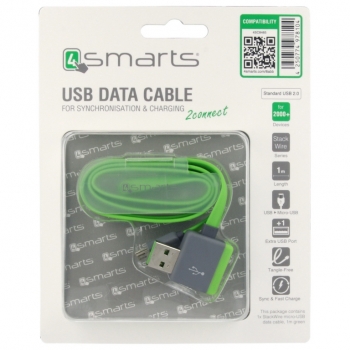 4smarts StackWire plochý USB kabel s microUSB konektorem a druhým USB portem pro mobilní telefon, mobil, smartphone zelená (green) - balení zepředu