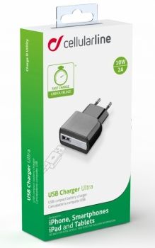 CellularLine USB Charger Ultra 10W nabíječka do sítě s USB výstupem a 2A proudem pro mobilní telefon, mobil, smartphone, tablet černá (black) krabička