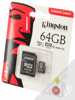 Kingston Canvas Select microSDXC 64GB Speed Class I (U1) paměťová karta + adaptér SD černá (black) krabička