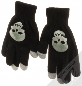 URan Touch Gloves Skull pletené rukavice s motivem pro kapacitní dotykový displej černá (black) zepředu