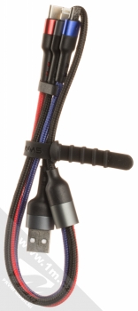 USAMS U26 3in1 kroucený opletený USB kabel s konektory Apple Lightning, USB Type-C a microUSB černá červená modra (black red blue) komplet