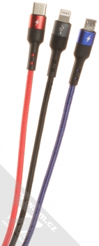 USAMS U26 3in1 kroucený opletený USB kabel s konektory Apple Lightning, USB Type-C a microUSB černá červená modra (black red blue) konektory