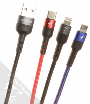 USAMS U26 3in1 kroucený opletený USB kabel s konektory Apple Lightning, USB Type-C a microUSB černá červená modra (black red blue)