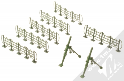1Mcz Vojenská základna sada plastových vojáčků s příslušenstvím 300 ks armádní kamufláž (army camouflage) ostnaté dráty a dělostřelectvo zezadu