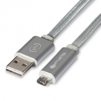4smarts GleamCord plochý USB kabel s microUSB konektorem a LED indikací stavu nabíjení pro mobilní telefon, mobil, smartphone, tablet světle šedá (light grey) - konektory