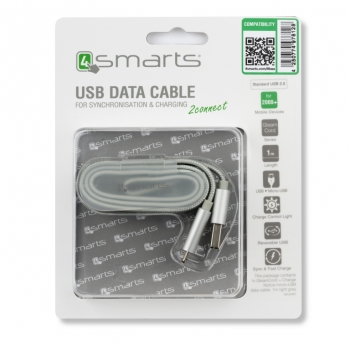 4smarts GleamCord plochý USB kabel s microUSB konektorem a LED indikací stavu nabíjení pro mobilní telefon, mobil, smartphone, tablet světle šedá (light grey) - balení zepředu