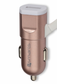 4smarts MultiCord nabíječka do auta s microUSB konektorem, Apple Lightning konektorem a USB výstupem 2,4A pro mobilní telefon, mobil, smartphone, tabl růžově zlatá (rose gold)
