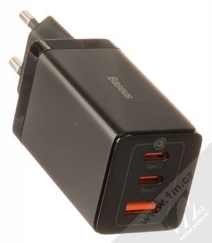 Baseus GaN3 Pro Fast Charger nabíječka do sítě s 2x USB Type-C + 1x USB výstupy 65W a USB Type-C kabel (CCGP050101) černá (black) nabíječka zboku výstupy