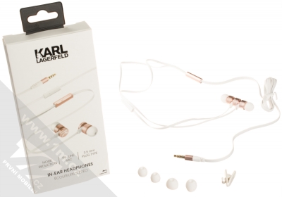 Karl Lagerfeld In-Ear Headphones módní stereo sluchátka s tlačítkem a konektorem Jack 3,5mm růžově zlatá bílá (rose gold white) balení