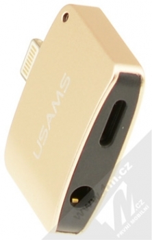 USAMS 2 in 1 Lightning Adapter miniaturní a elegantní rozdvojka z Apple Lightning na jack 3,5mm a Apple Lightning zlatá (gold) konektory