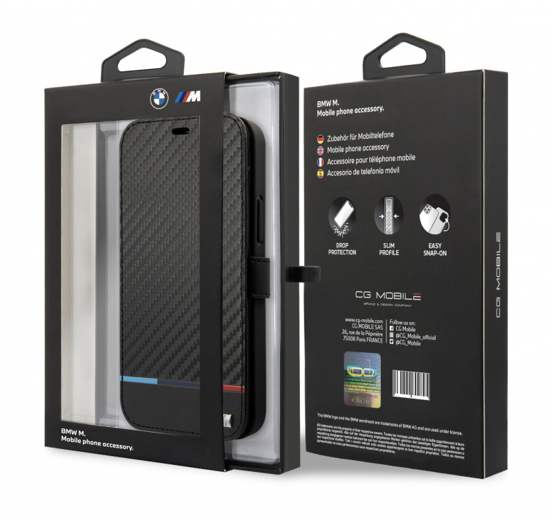 BMW M Carbon Tricolor Stripe flipové pouzdro pro Apple iPhone 13 Pro (BMBKP13LPUCARTCBK)