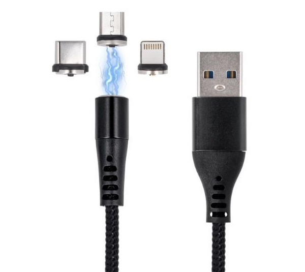 maXlife MXUC-02 3in1 Magnetic Cable USB kabel s magnetickým pinovým konektorem a samostatnými magnetickými záslepkami s Apple Lightning, microUSB a USB Type-C konektory