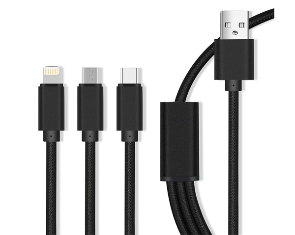 maXlife Cable 3in1 opletený USB kabel s konektory Apple Lightning, USB Type-C a microUSB