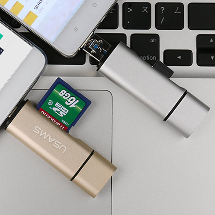 USAMS Card Reader 3in1 čtečka paměťových karet SD, microSD s konektory USB, microUSB a USB Type-C pro mobilní telefon, mobil, smartphone, tablet