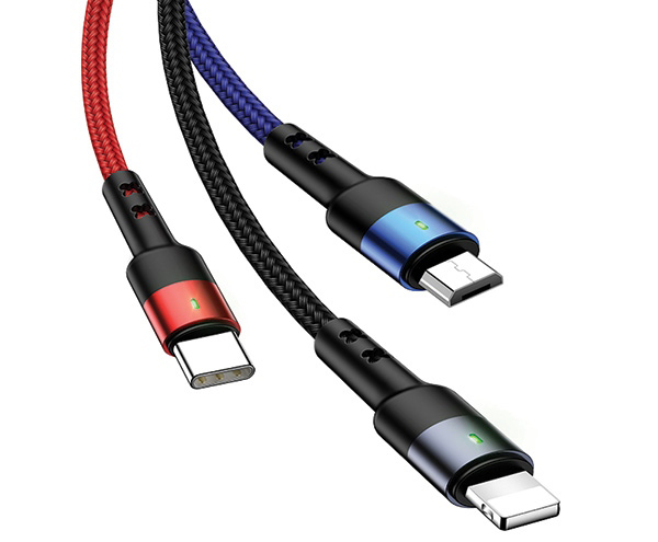 USAMS U26 3in1 opletený USB kabel s konektory Apple Lightning, USB Type-C a microUSB