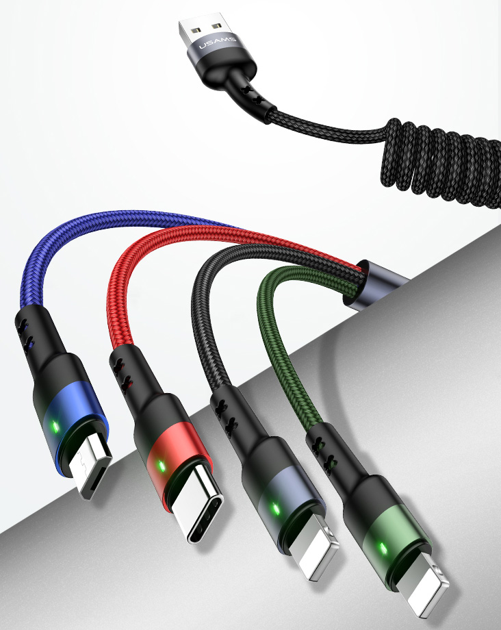 USAMS U26 4in1 kroucený opletený USB kabel s konektory 2x Apple Lightning, USB Type-C a microUSB