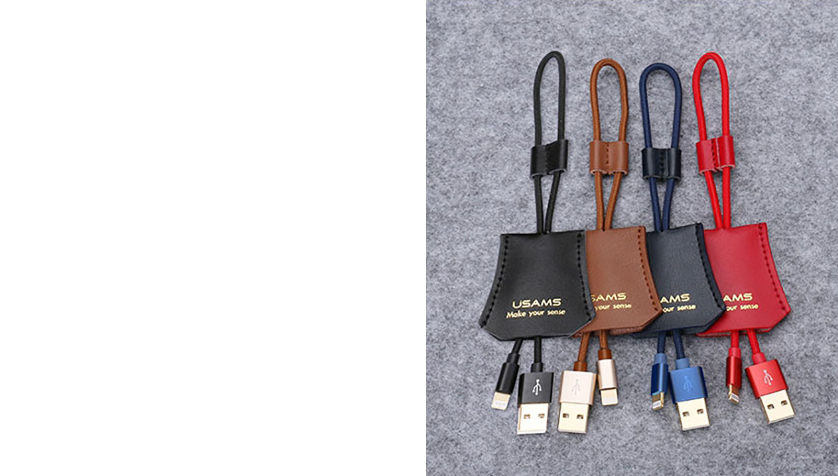 USAMS US-SJ177 USB kabel s Apple Lightning konektorem, opletený nylonem a s koženým pouzdrem